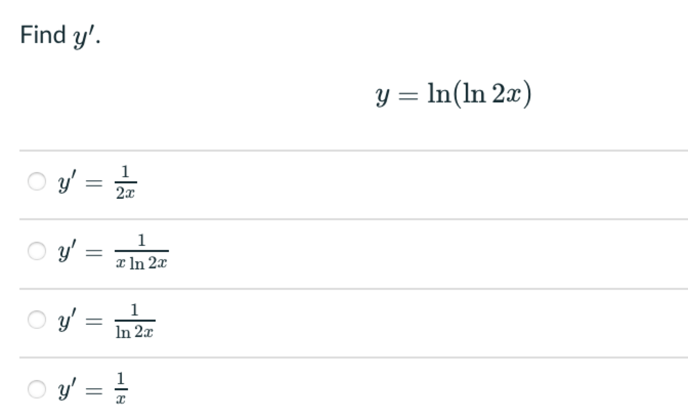 Find \( y^{\prime} \) \[ y=\ln (\ln 2 x) \] \[ \begin{aligned} y^{\prime} & =\frac{1}{2 x} \\ y^{\prime} & =\frac{1}{x \ln 2