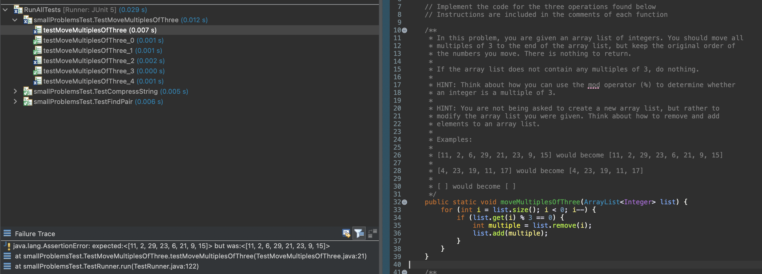 Solved Java based on the test what is wrong with this code. | Chegg.com