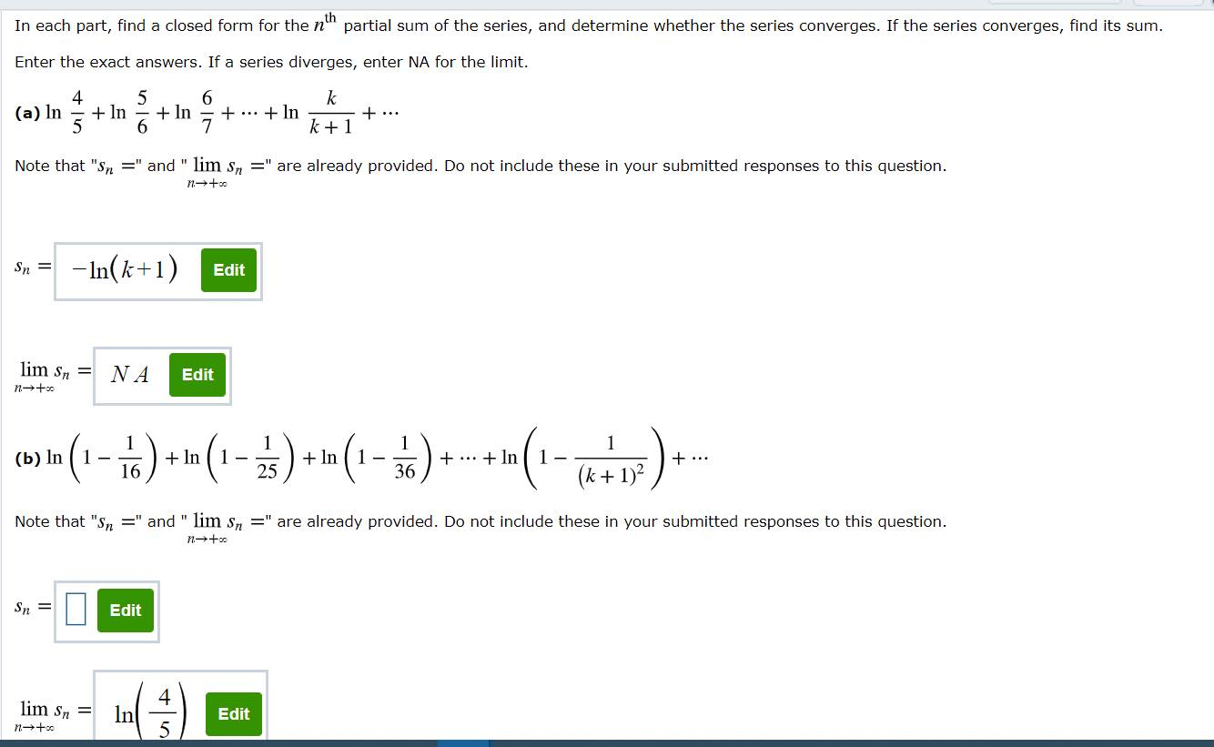 Solved In each part, find a closed form for the nth partial | Chegg.com