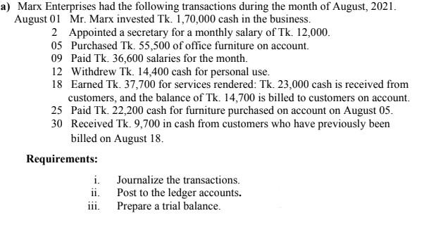 Solved A) Marx Enterprises Had The Following Transactions 