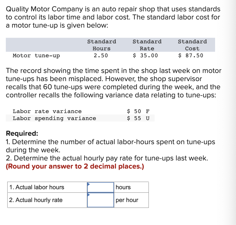 Solved Quality Motor Company is an auto repair shop that