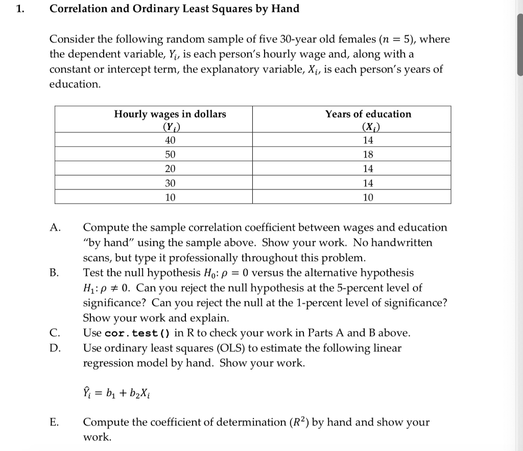 Solved 1. Correlation and Ordinary Least Squares by Hand | Chegg.com