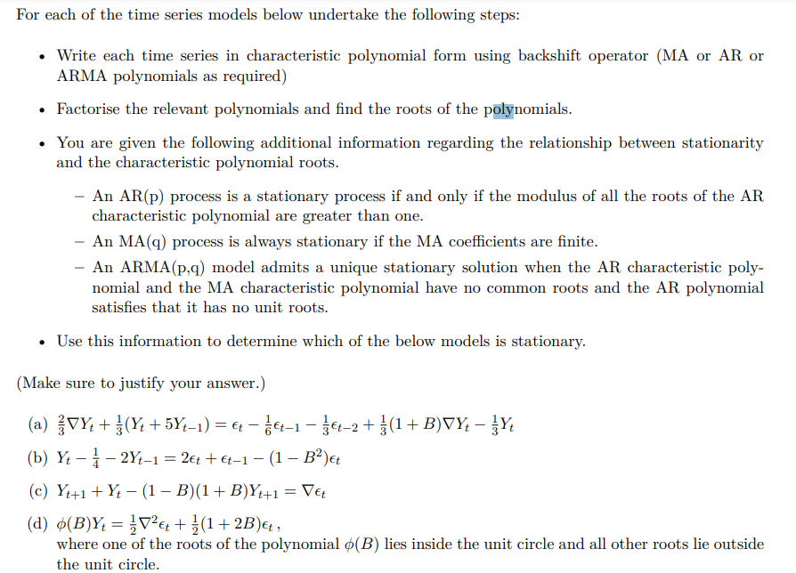 Solved For each of the time series models below undertake | Chegg.com