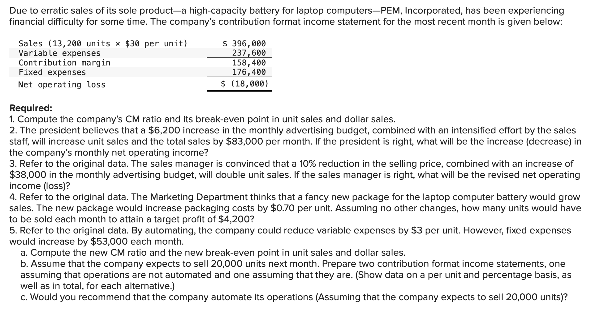 Solved Due to erratic sales of its sole product-a | Chegg.com