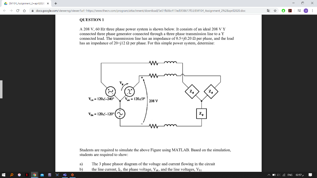 Solved A 208 V , 60 Hz three phase power system . MATLAB | Chegg.com
