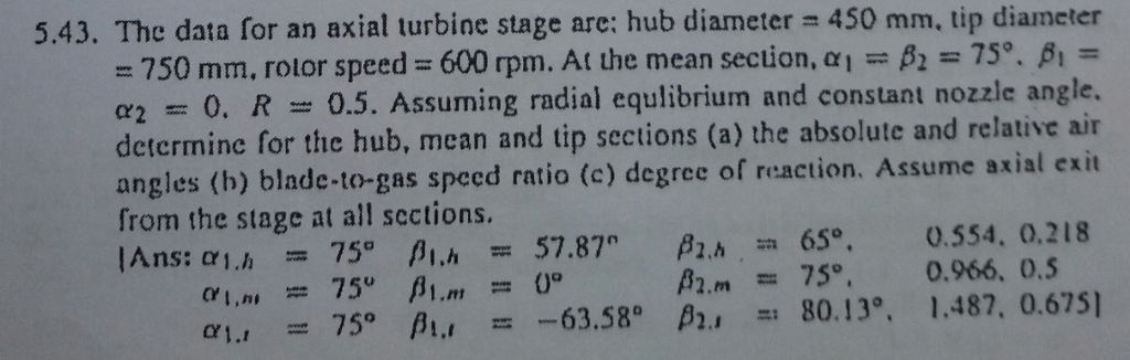 Solved 5.43. The data for an axial turbine stage are: hub | Chegg.com