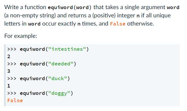 Solved Write a function equiword (word) that takes a single | Chegg.com