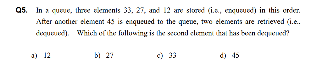 Solved Q5. In a queue, three elements 33, 27, and 12 are | Chegg.com