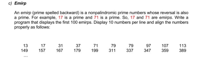 Solved c) Emirp An emirp (prime spelled backward) is a | Chegg.com