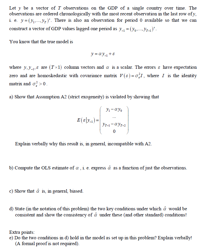 A Let Y Be A Vector Of I Observations On The GDP Of A | Chegg.com