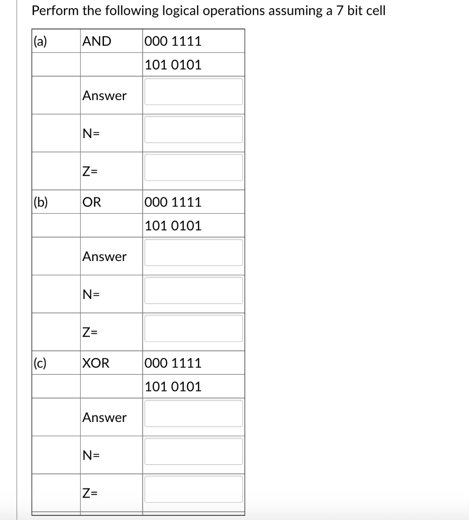 Solved Perform the following logical operations assuming a 7 | Chegg.com