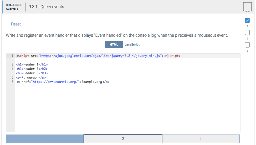 Solved CHALLENGE 9.3.1: jQuery events ACTIVITY Reset Write | Chegg.com