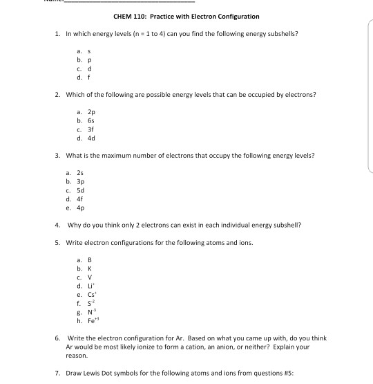 Solved CHEM 110: Practice with Electron Configuration 1. In | Chegg.com