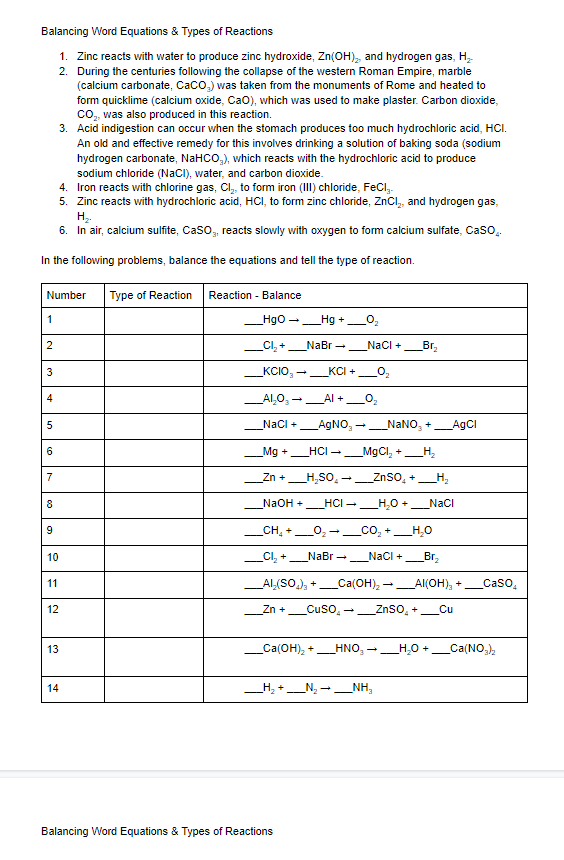 Solved Balancing Word Equations & Types Of Reactions 1. Zinc 