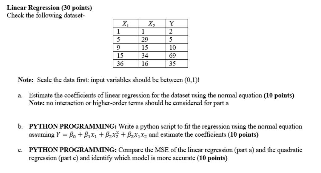 Solved Linear Regression ( 30 points) Check the following | Chegg.com
