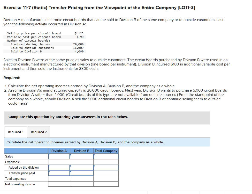 Solved Exercise 11-7 (Static) Transfer Pricing From The | Chegg.com ...