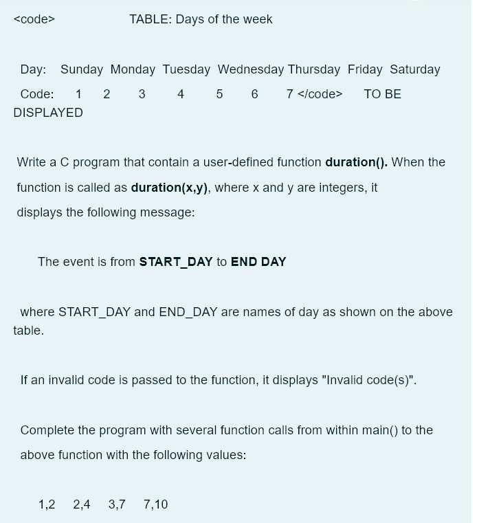 solved-table-days-of-the-week-day-sunday-monday-chegg