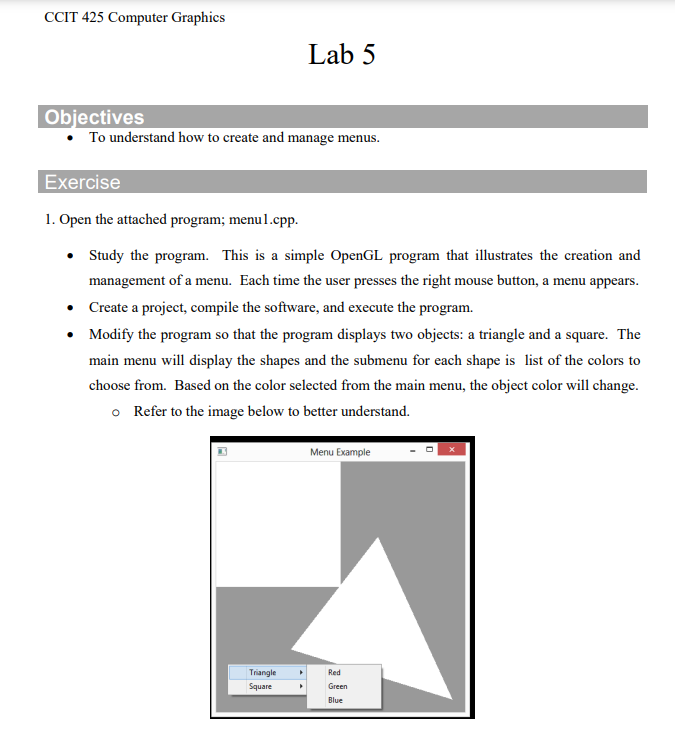 CCIT 425 Computer Graphics lab 5 I need to solve | Chegg.com