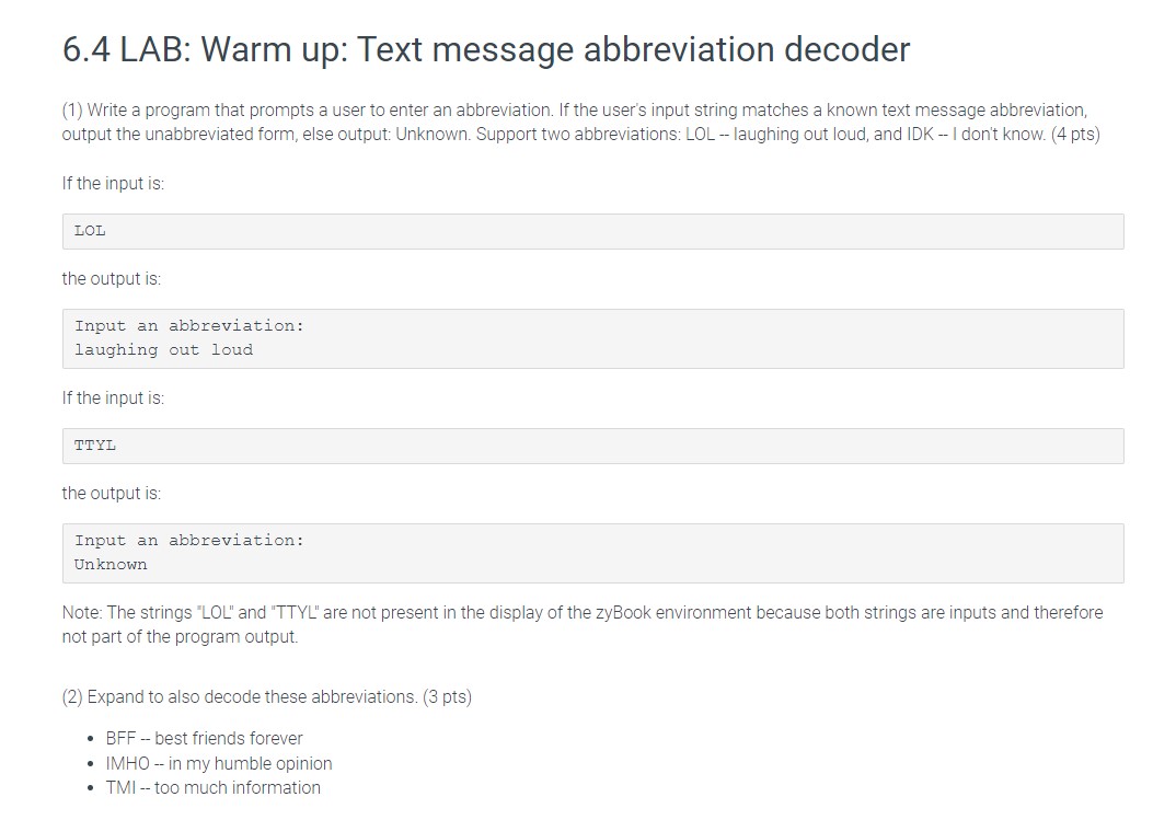 Solved 6.4 LAB: Warm up: Text message abbreviation decoder | Chegg.com