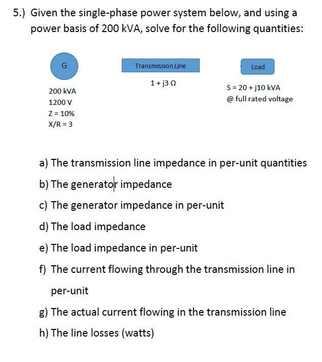 Solved 5.) Given the single-phase power system below, and | Chegg.com