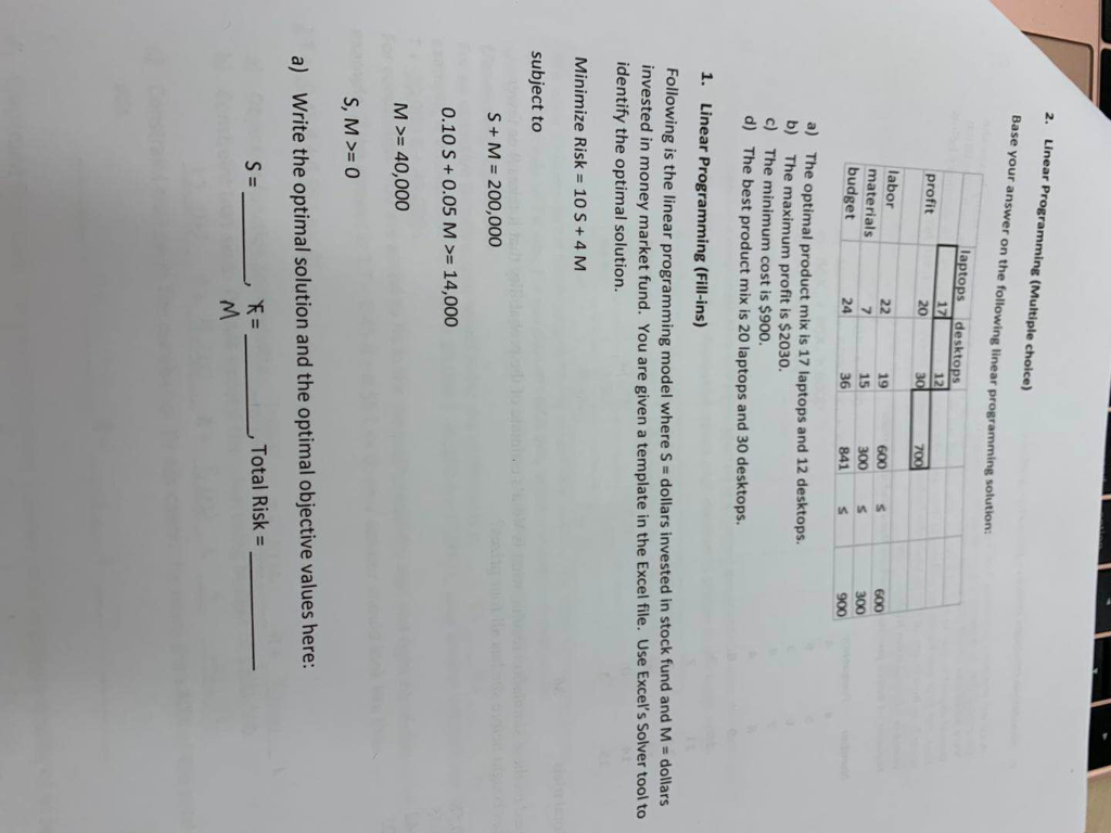 Solved Linear Programming (Multiple choice) 2. Base your | Chegg.com