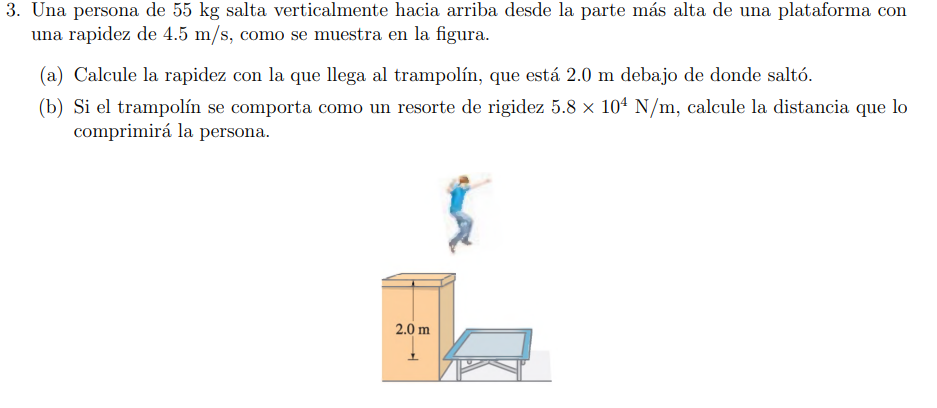 3. Una persona de \( 55 \mathrm{~kg} \) salta verticalmente hacia arriba desde la parte más alta de una plataforma con una ra