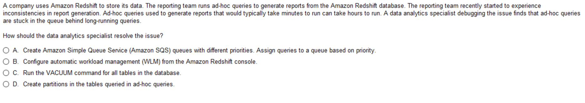 Solved A company uses Amazon Redshift to store its data. The | Chegg.com