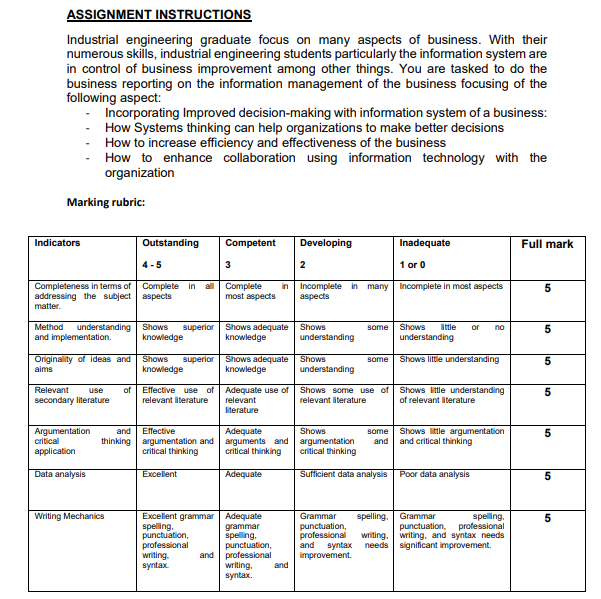 Solved ASSIGNMENT INSTRUCTIONS Industrial engineering | Chegg.com