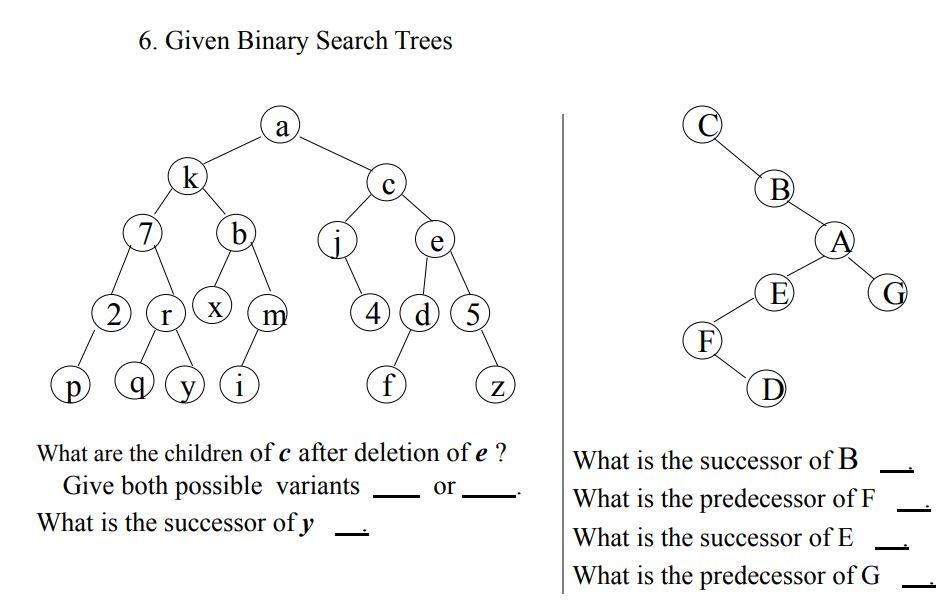 Solved 6. Given Binary Search Trees a k B В 7 b e A) E G 2 X | Chegg.com