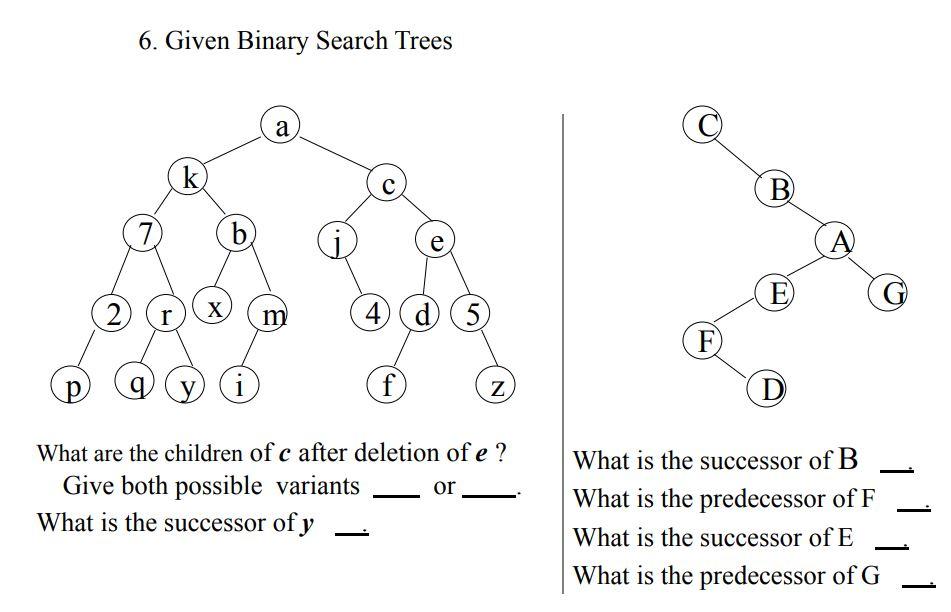 Solved 6. Given Binary Search Trees A K B В 7 B E A) E G 2 X | Chegg.com