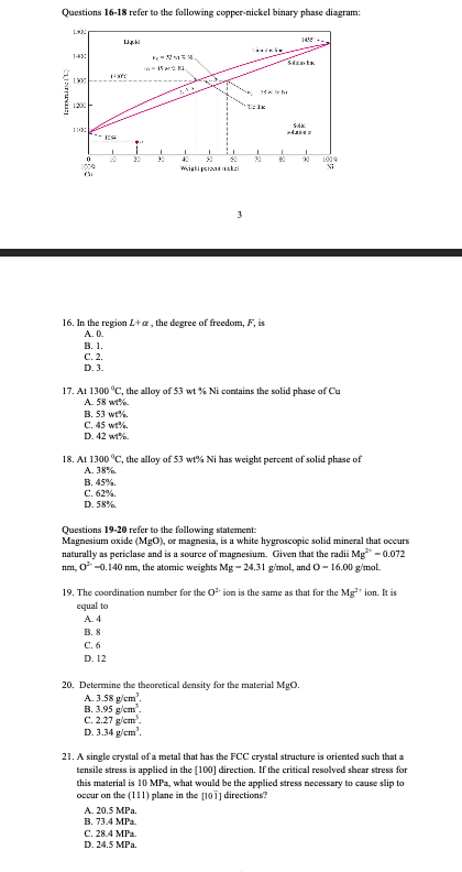 Solved Questions 16-18 refer to the following copper-nickel | Chegg.com