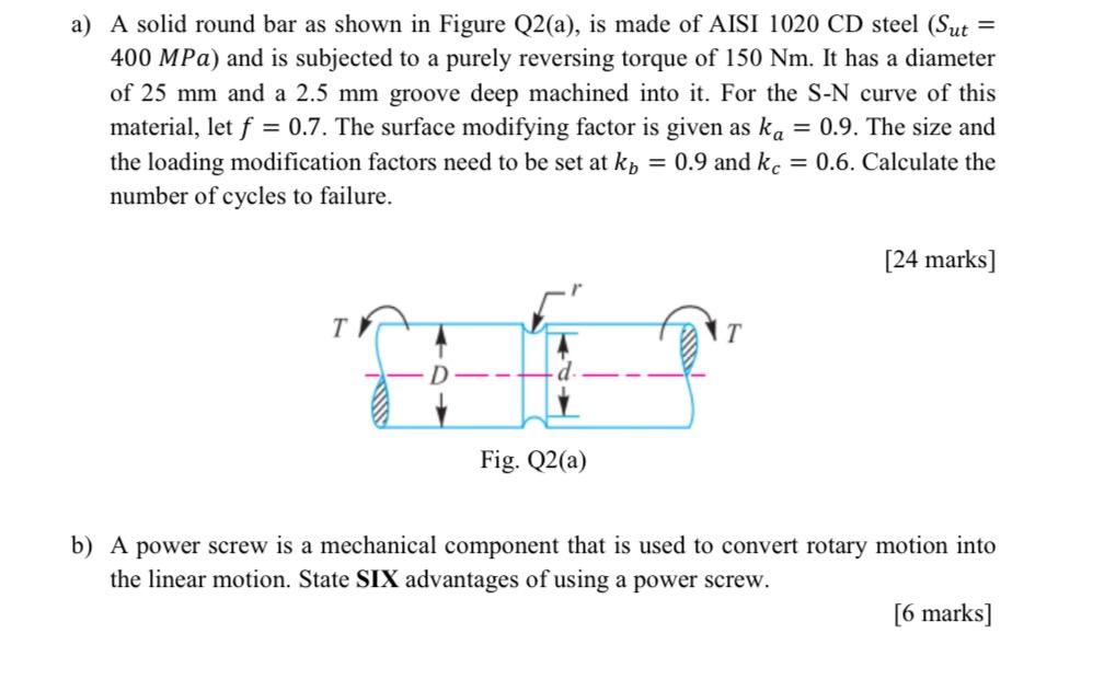 Solved a) A solid round bar as shown in Figure Q2(a), is | Chegg.com