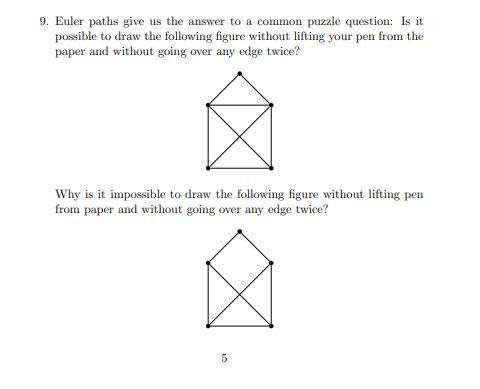 9. Euler paths give us the answer to a common puzzle question: Is it
possible to draw the following figure without lifting yo