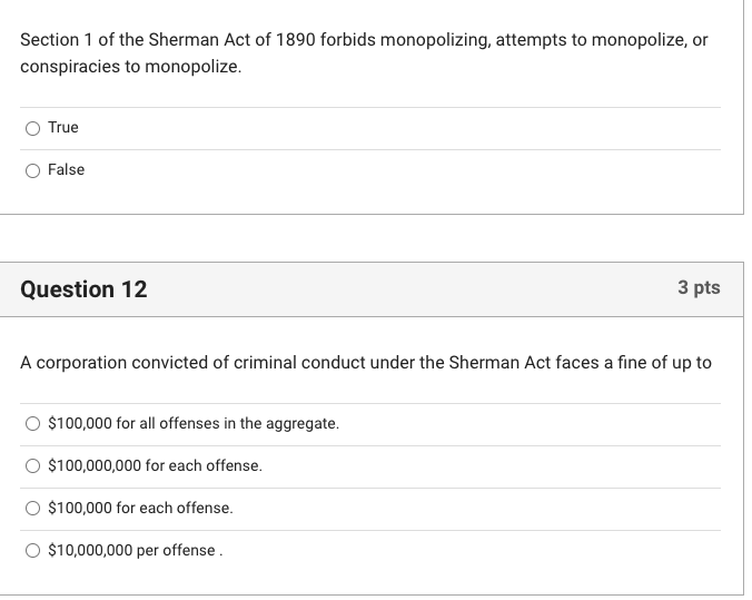 Solved Section 1 of the Sherman Act of 1890 forbids | Chegg.com