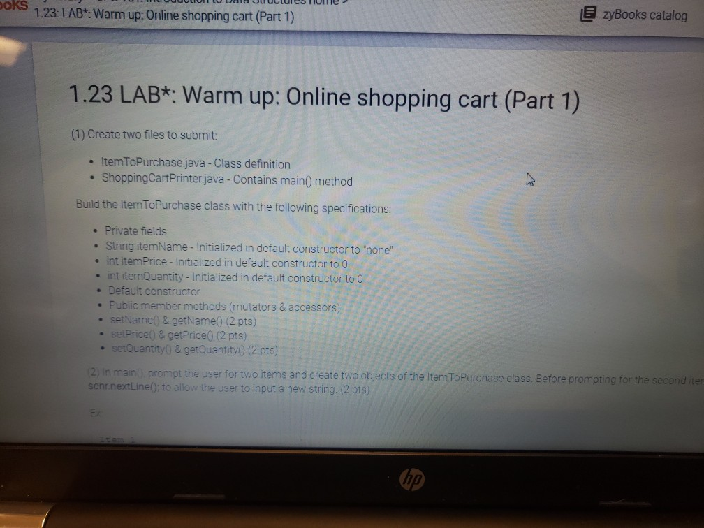HuuULU Data UCURESTIUlle On 1.23: LAB* Warm up: Online shopping cart (Part 1) E zyBooks catalog 1.23 LAB*: Warm up: Online sh