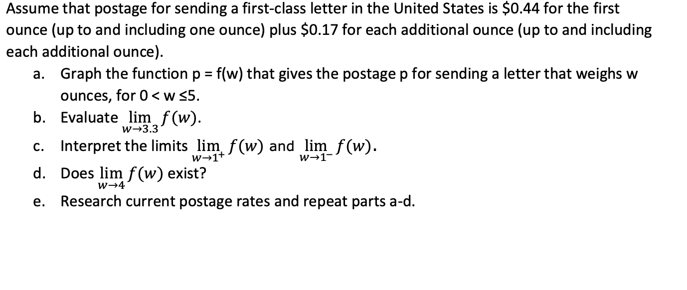 Solved Assume that postage for sending a first-class letter | Chegg.com