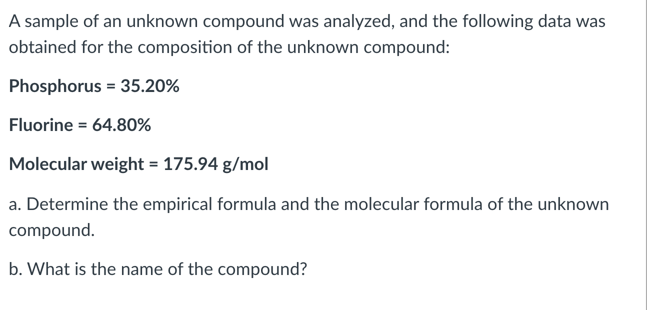 Solved A Sample Of An Unknown Compound Was Analyzed, And The | Chegg.com