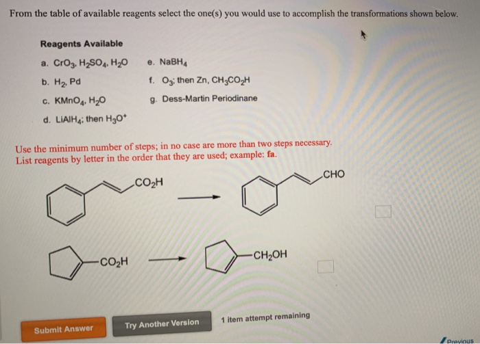 Solved From The Table Of Available Reagents Select The Chegg Com