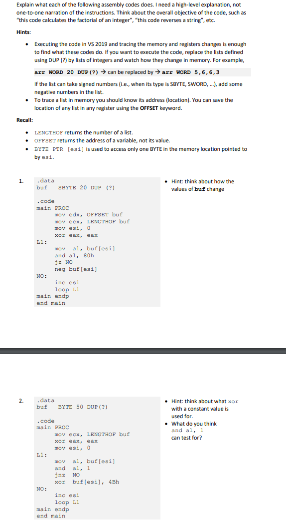 Explain what each of the following assembly codes | Chegg.com