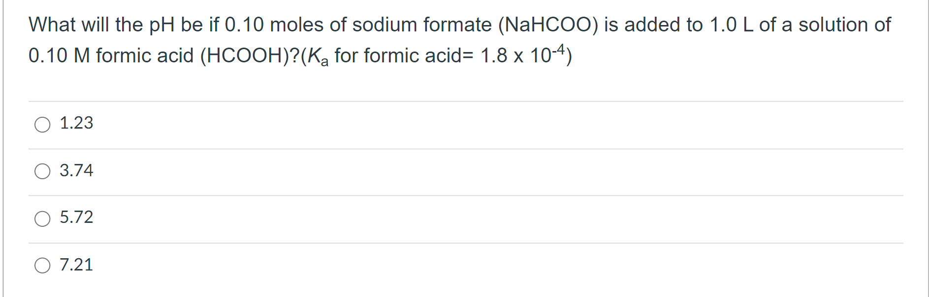 Solved What will the pH be if 0.10 moles of sodium formate