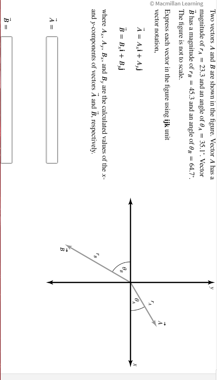 Two vectors \( A \) and \( B \) are shown in the figure. Vector \( A \) has a
\[
\vec{B}=\square
\]