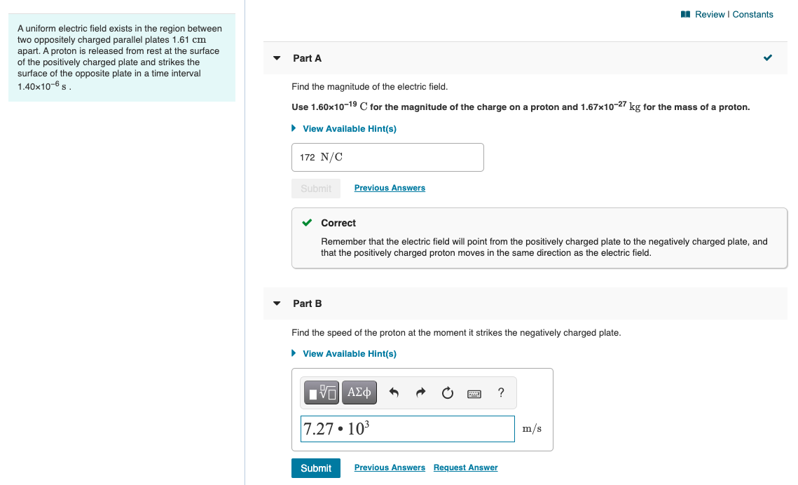 Solved Review Constants A uniform electric field exists in