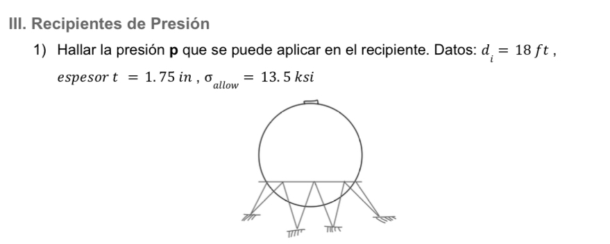 II. Recipientes de Presión 1) Hallar la presión \( \mathbf{p} \) que se puede aplicar en el recipiente. Datos: \( d_{i}=18 \m