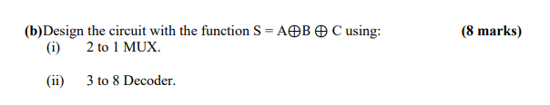 Solved (b)Design The Circuit With The Function S=A⊕B⊕C | Chegg.com