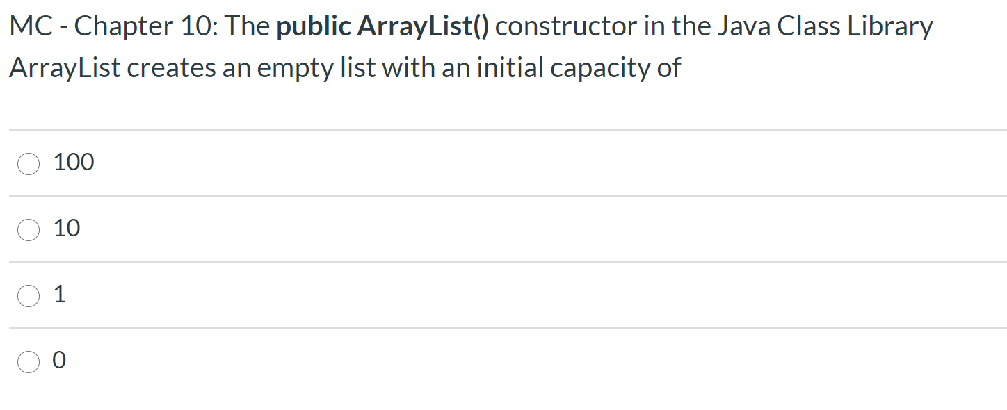 Solved MC - Chapter 10: The public ArrayList() constructor | Chegg.com