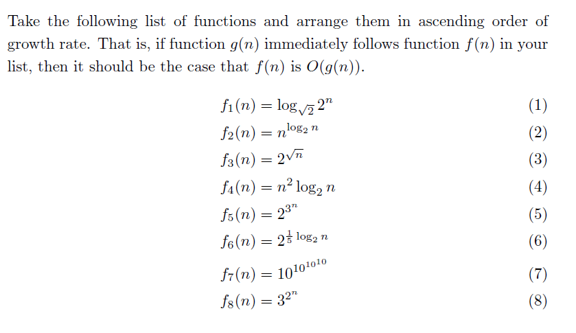 Solved Take the following list of functions and arrange them | Chegg.com