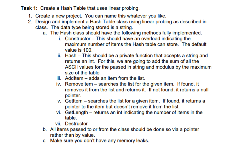 Solved Task 1: Create a Hash Table that uses linear probing. | Chegg.com