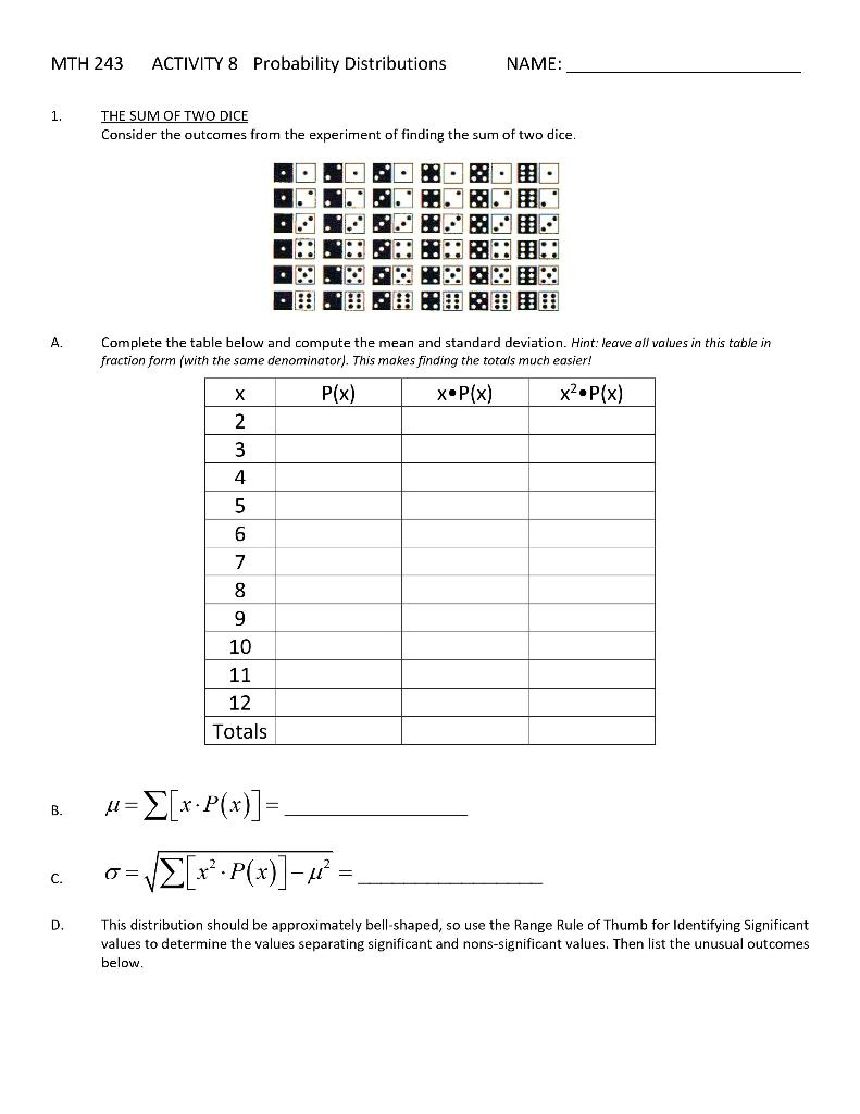 Solved MTH 243 ACTIVITY 8 Probability Distributions NAME: 1. | Chegg.com