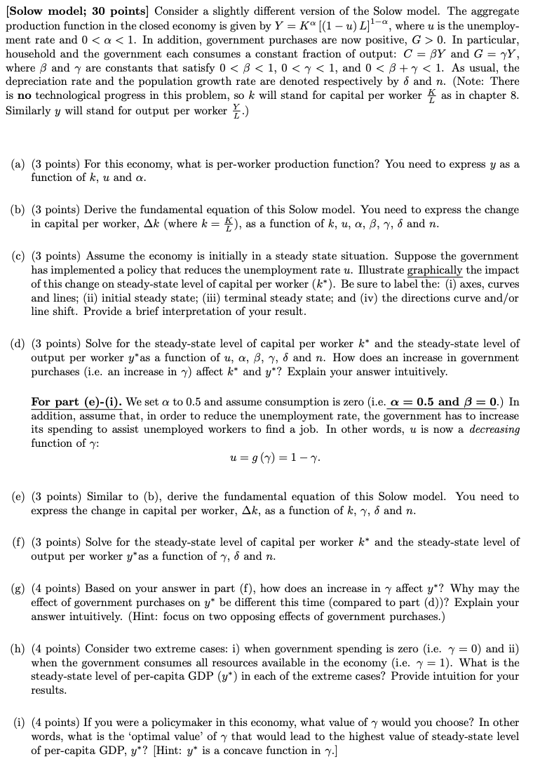 Solved Solow Model 30 Points Consider A Slightly Diffe Chegg Com