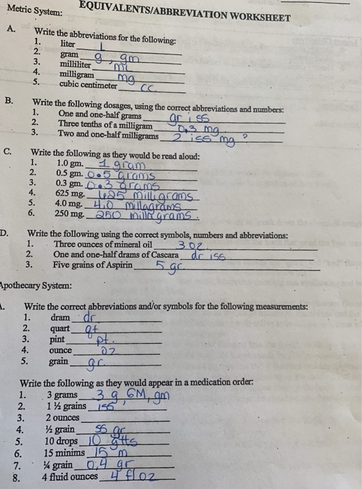 Solved EQUIVALENTS/ABBREVIATION WORKSHEET Metric System A. | Chegg.com